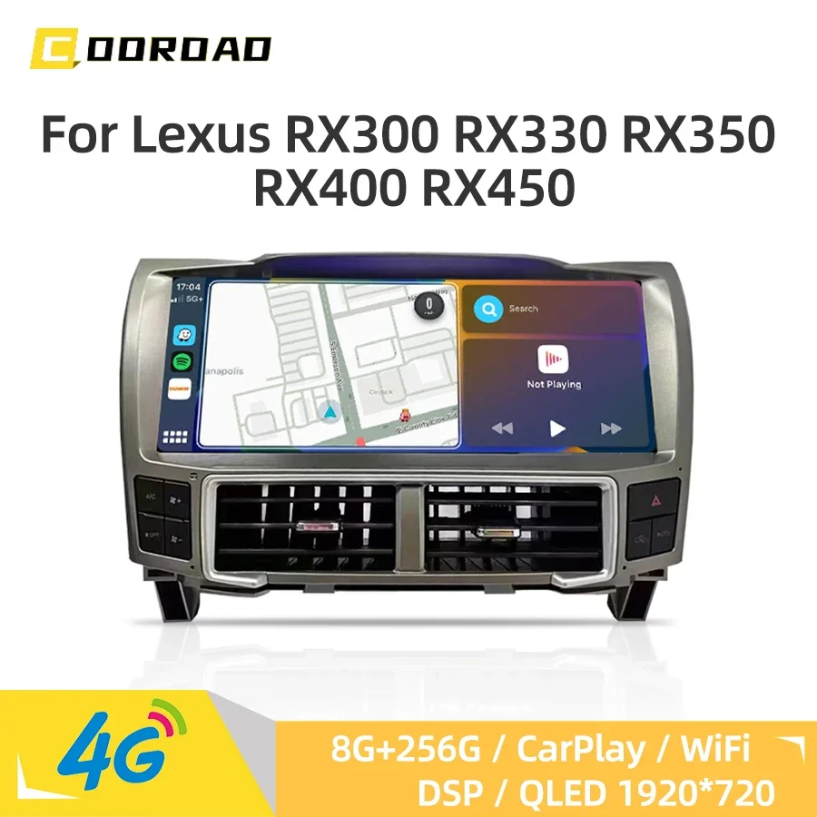 QLED 1920*720 Android 14.0 Car Radio For Lexus RX330 RX350 RX400 GPS Navigation CarPlay 4G WiFi Bluetooth DSP Multimedia Player