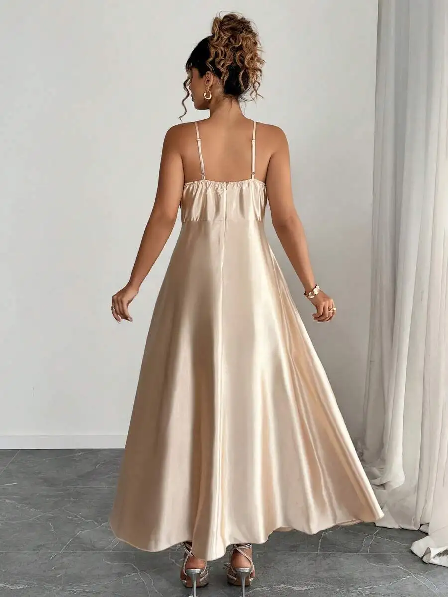 

Elegant Satin A-Line Maxi Dress With Spaghetti Strap For Women Spring Summer