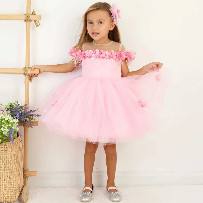 

Flower Girl Dresses Pink Tulle Tiered Pearls With Bow Sleeveless For Wedding Birthday Party Banquet Princess Gowns