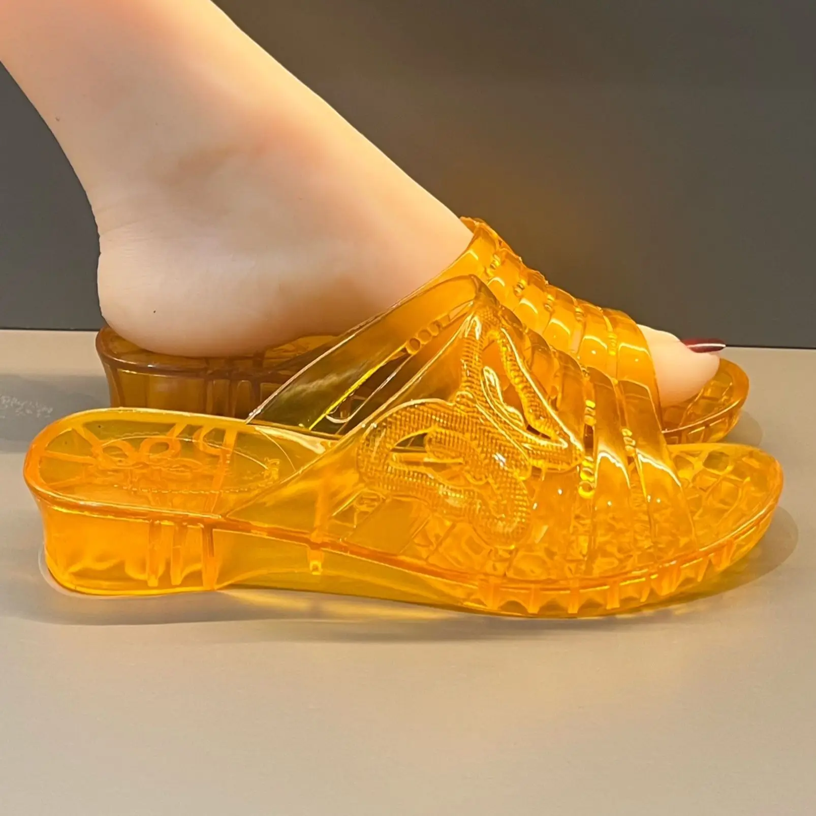 2026 WFashion Purple Glitter Jelly Wedge Sandals Women's Summer Wedged Heel Mules Shoes Woman Outdoor Clear Slipper