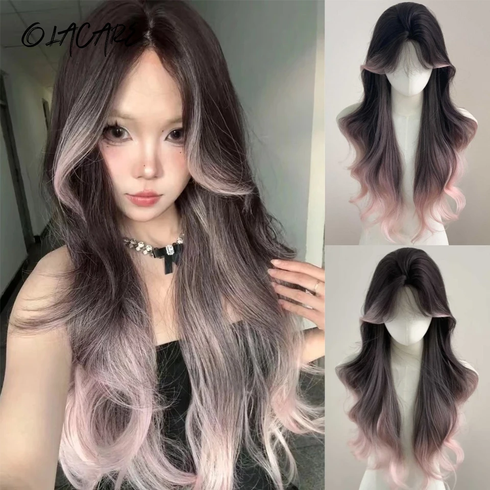 OLACARE Ombre Blonde Brown Long Straight Synthetic Wigs with Bangs Cosplay Wig for Women High Temperature Natural Fake Hair