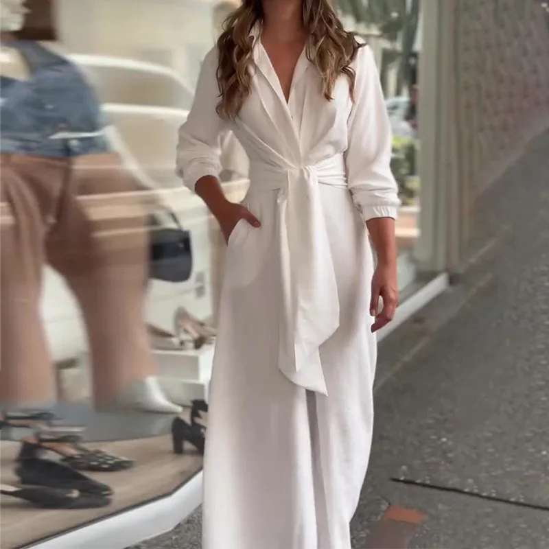 Fashion Lace-up Jumpsuit Autumn Office Ladies Turn Down Collar Solid Color Women Clothing Casual Commuting Style Female Clothes