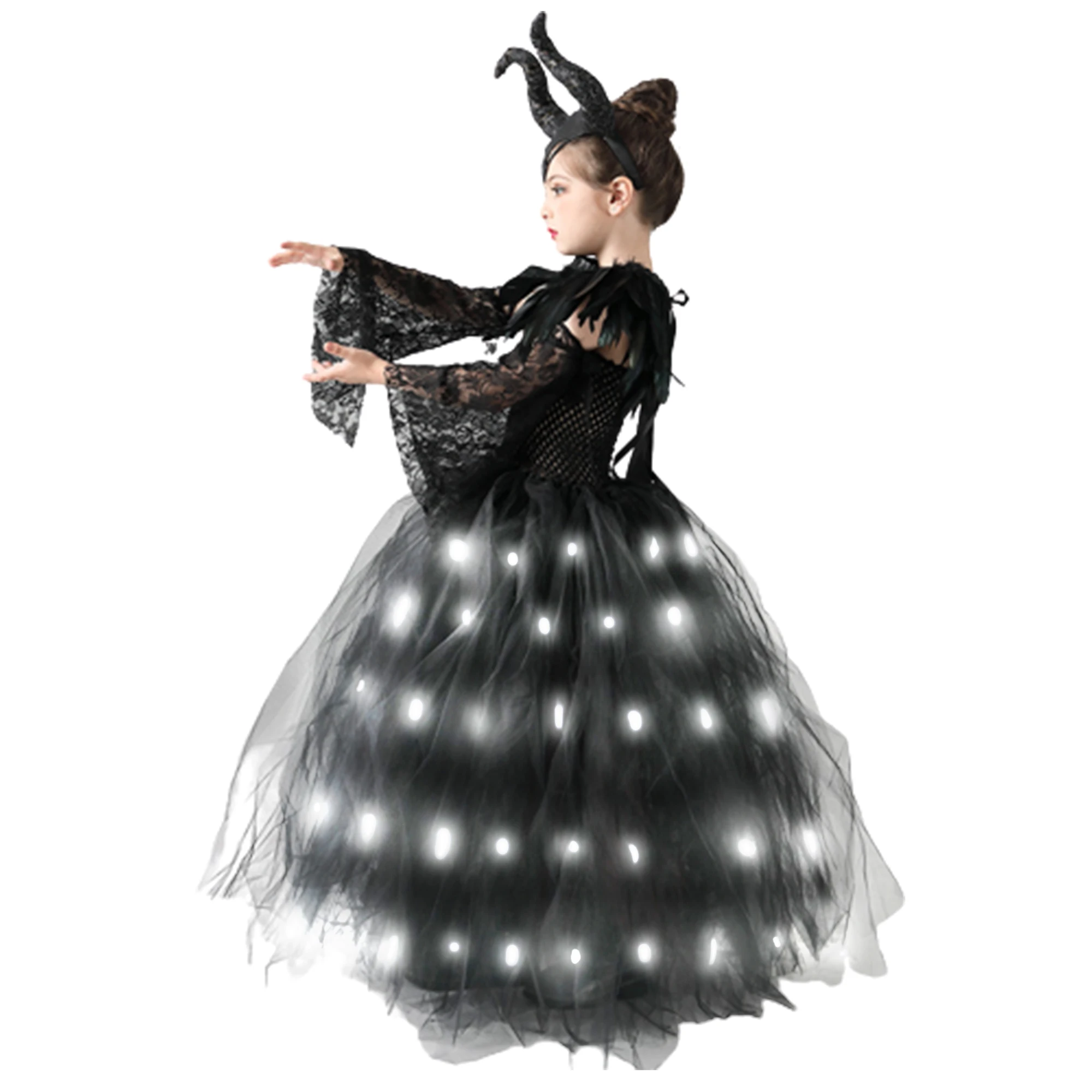 Vestido de Cosplay de maléfica para niñas, ropa de bruja, Reina del mal, con luz LED, para carnaval y Halloween