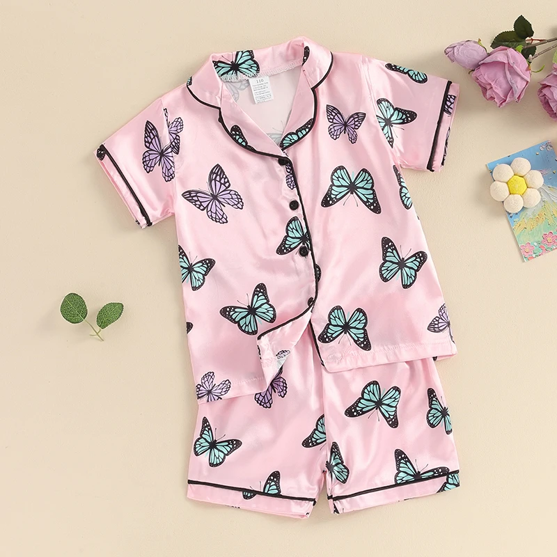 Kids Girls Summer 2PCS Pajama Sets Short Sleeve Lapel Shirt Butterfly Print Pants Loose Sleepwear for 1 Years to 7 Years