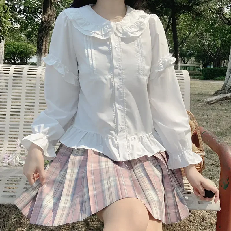 

Kawaii Lolita Style White Blouses Women Sweet Lace Ruffles Peter Pan Collar Long Sleeve JK Shirt Japanese Preppy Girls Cute Tops