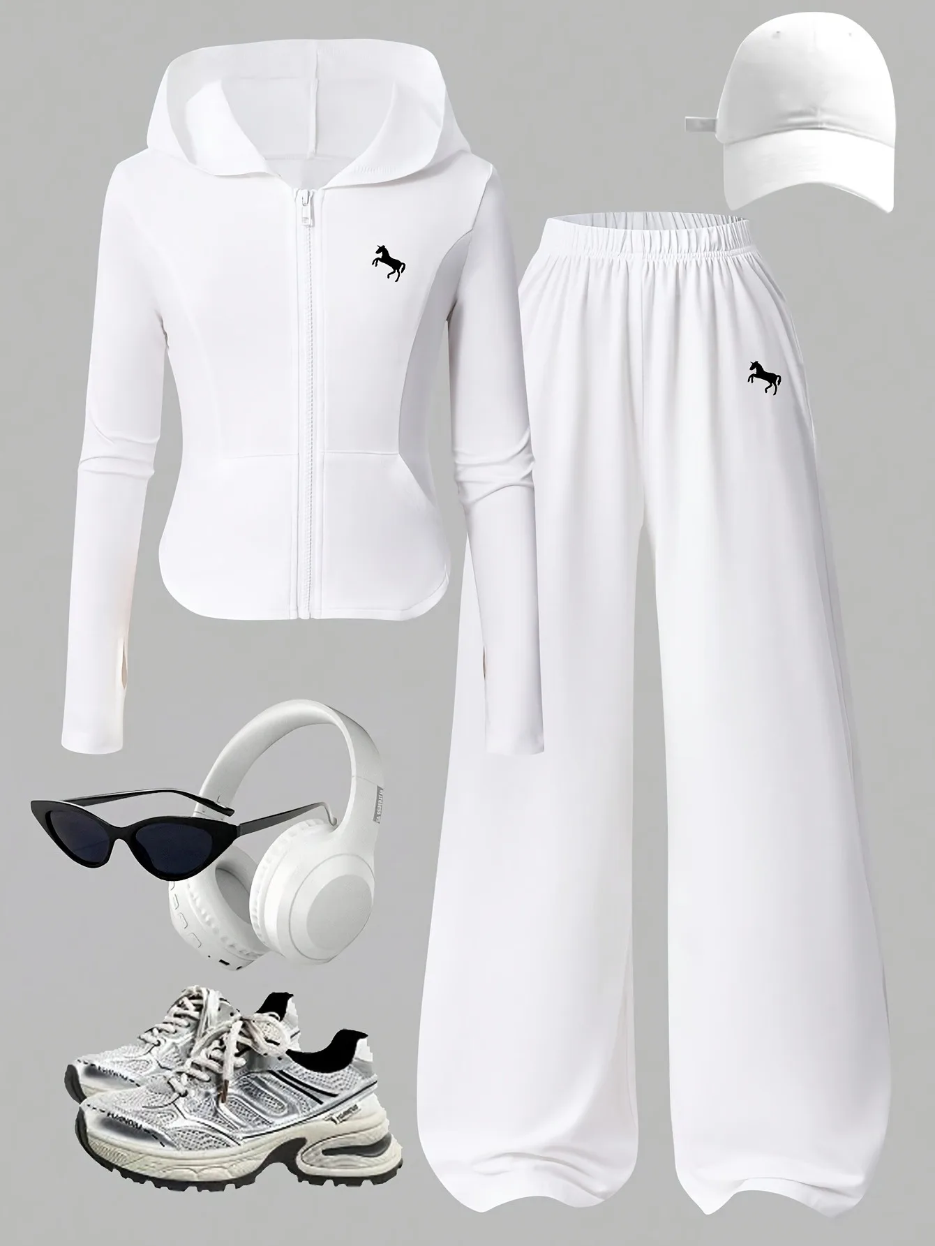 Trendy Girls 2‑Pcs White Tracksuit Horse Embroidered Zip Hoodie Wide Leg Pants for Holiday School Daily Outdoor Casual Outfits