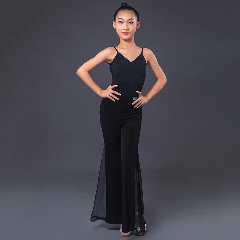2024 Latin Danceกางเกงสําหรับสาวเด็กแฟชั่นตาข่ายFlared Rumba Cha Samba Tangoฝึกเสื้อผ้าDN6388 M17