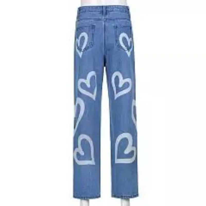 2022 Fashion Trousers Medium Wash High Waist Heart Print Wide Leg Jeans