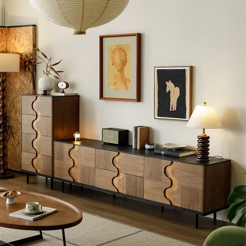 

Medieval retro solid wood TV cabinet, living room storage, black walnut parquet cabinet