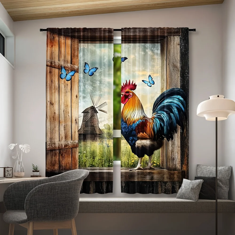 Farmhouse Rooster Windmill Butterfly Curtain 2 Pack, Wood Window Pasture Print Drapes for Rustic Bedroom Kitchen Living Room