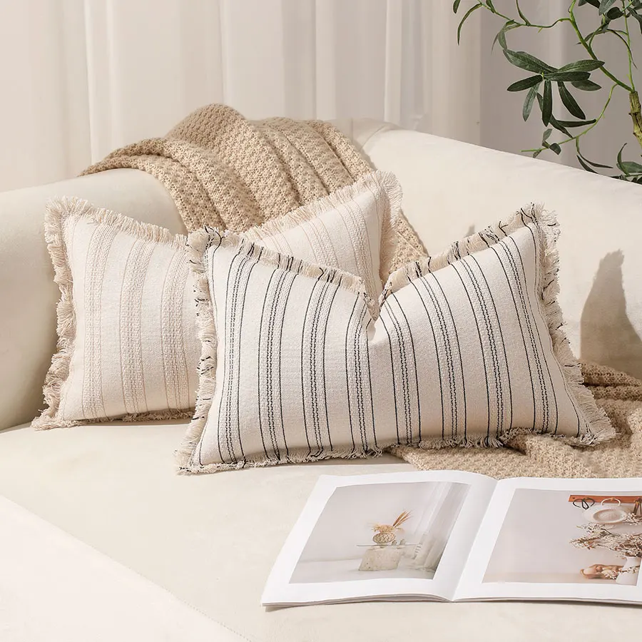 Boho Pillow Covers 30x50 Living Room Sofa Fringed Edges Decorative Striped Throw Pillow Cover Breathable Summer Home Decor