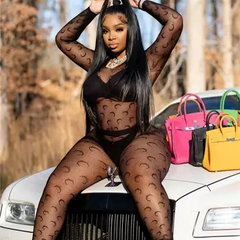 Sexy durchsichtige Spitze Overalls für Frauen schwarz weiß Langarm gestrickt Bodycon sexy Stram pler Nachtclub Party tragen Kleidung