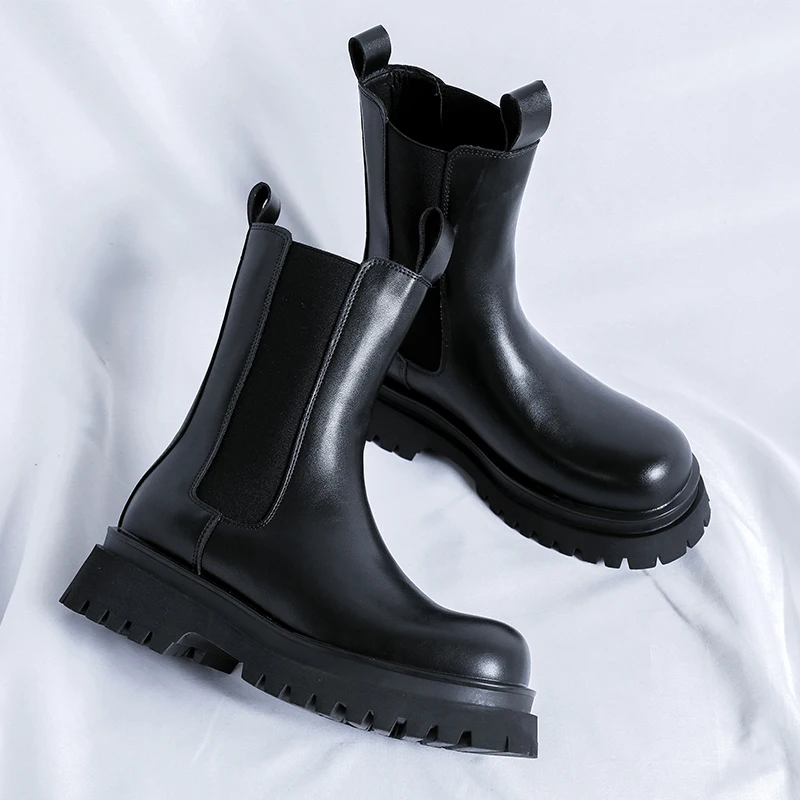 

Men's Black boots Classic designer casual style Party or work 38-46 Fashion outdoor street High top leather shoes Thick soled