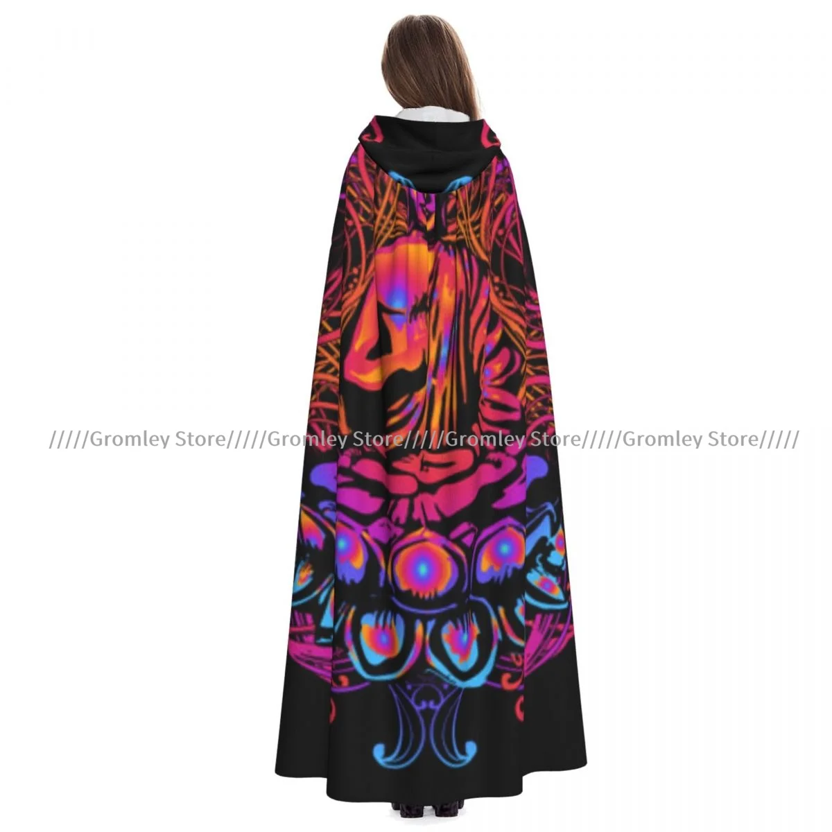 Adult Buddha And Mandala Print Cloak Cape Hooded Medieval Costume Witch Wicca Vampire Halloween Costume Dress Coat