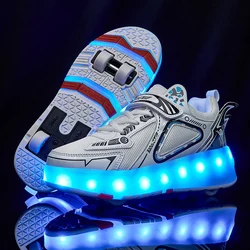 Children’s High Top Four Wheels Luminous Glowing Sneakers Led Light Roller Skate Boots Kids Casual Shoes Boys Girls USB Charging