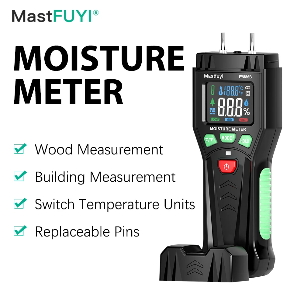 MASTFUYI FY886B Digital Wood Moisture Meter Professional Wood Humidity Tester 0~60% Timber Hygrometer Meter Color LED Screen