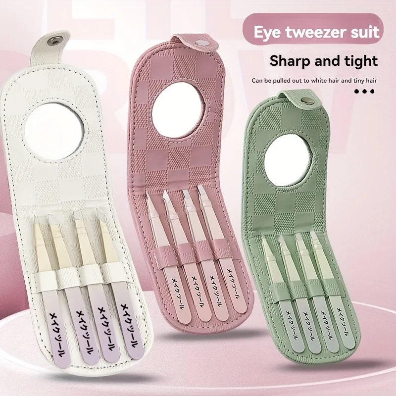 Pincettes en acier inoxydable pour épilation, Kit de pincettes de précision pour sourcils et poils du visage, avec jeu de pincettes miroir, 4 pièces