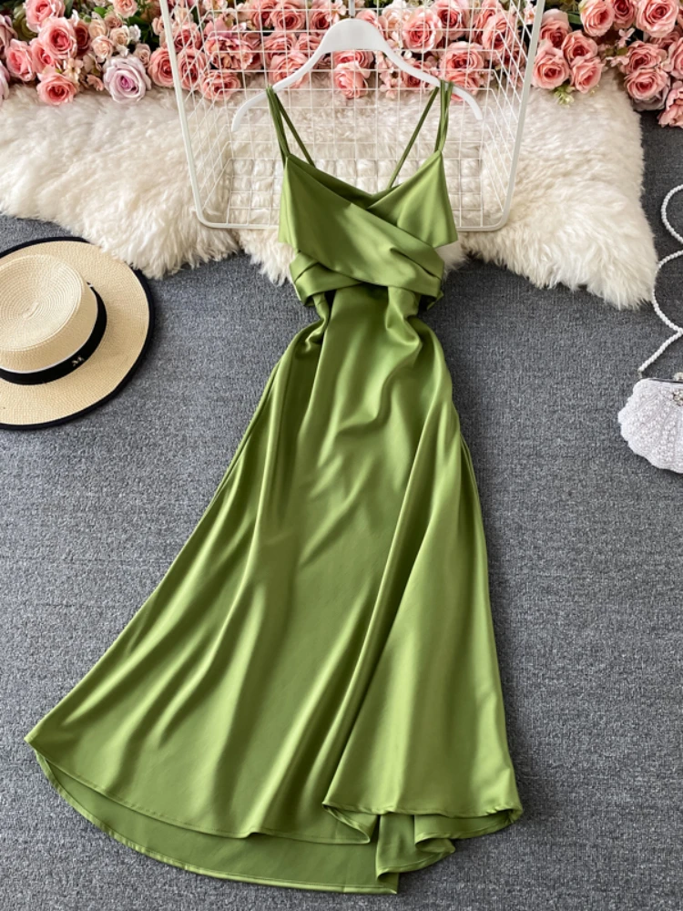 

Women Elegant Party Drses New Summer Sexy V Neck Backless A-line Vintage Dresses Ladies Satin Beach Long Robe Vestidos Mujer