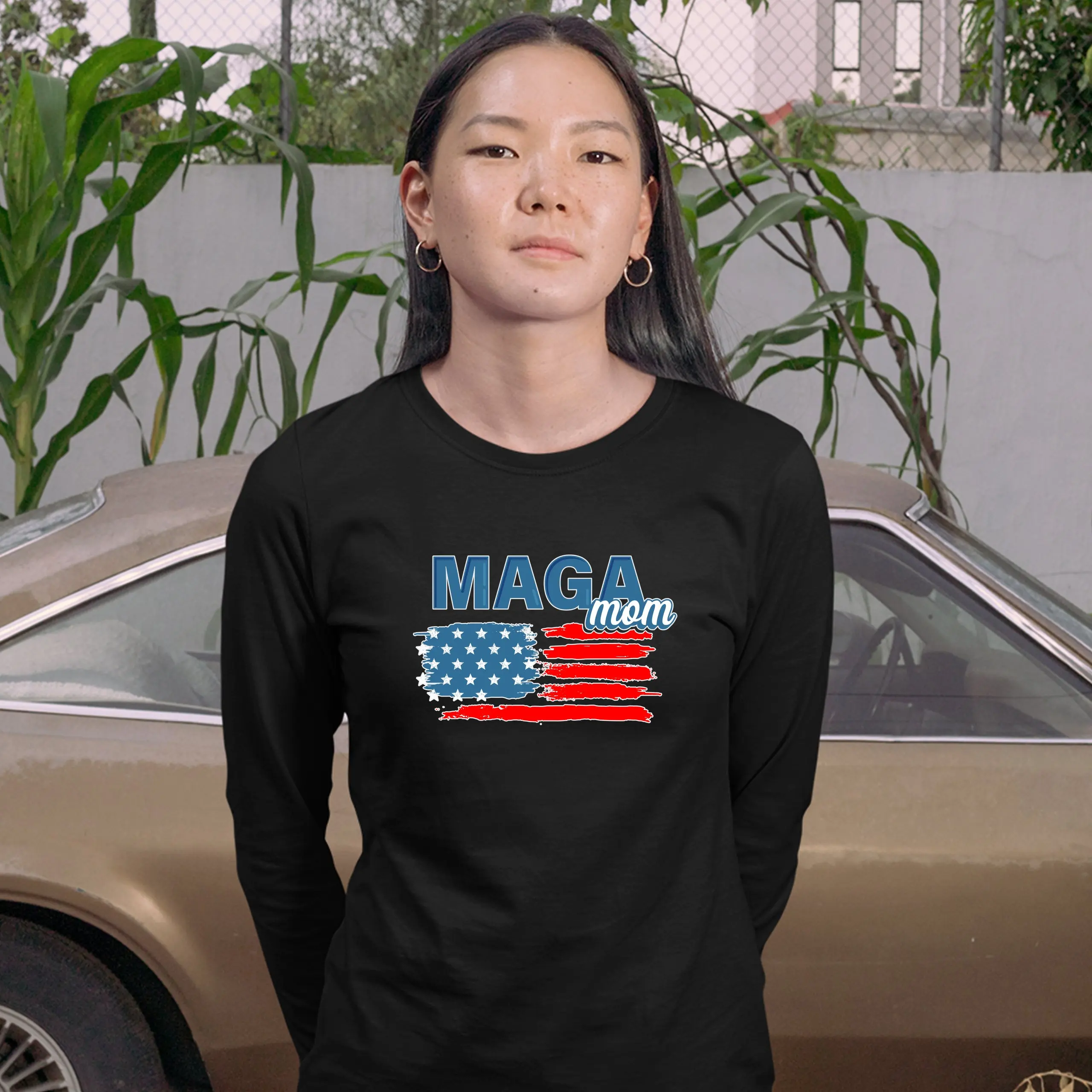 マガ-女性用長袖Tシャツ、アメリカ国旗、ドナルドトランプ、赤、2020, 24