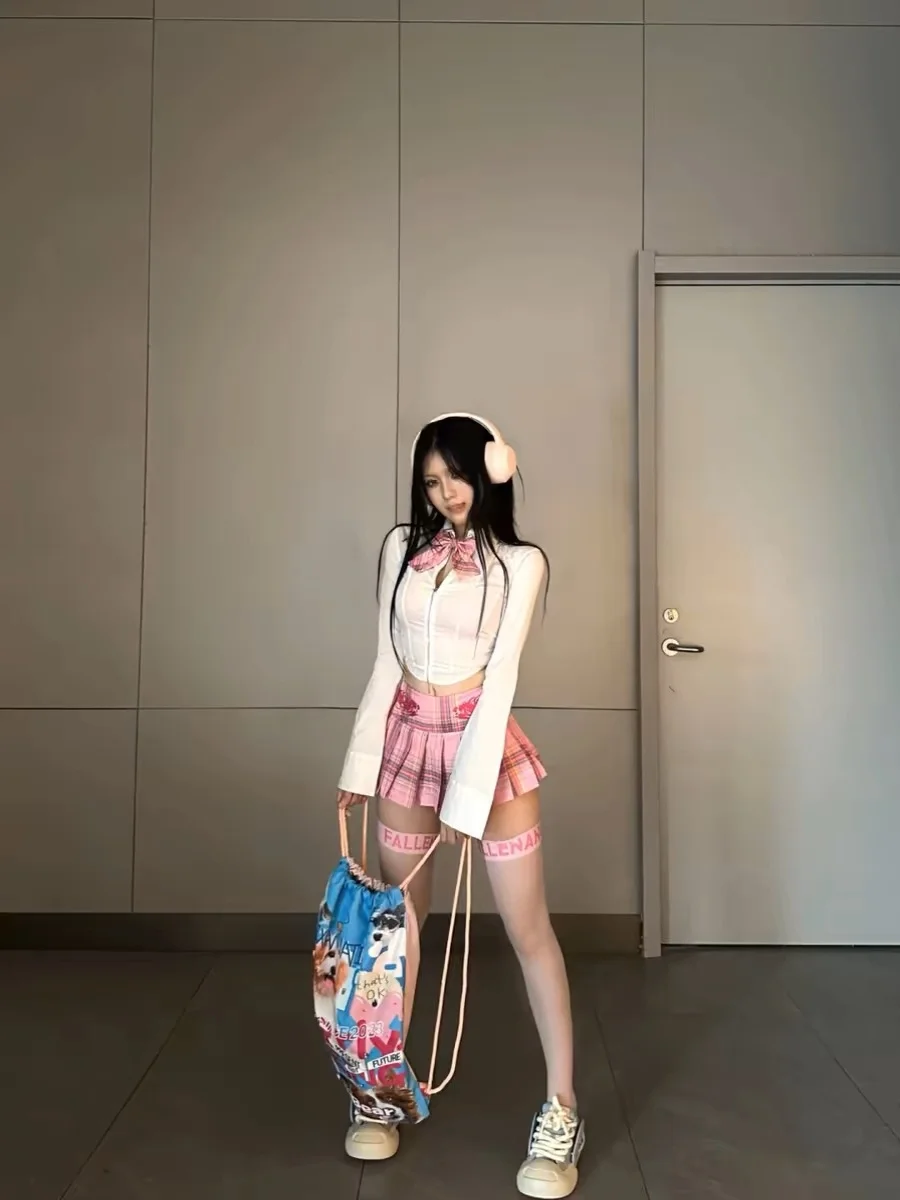 College Style Jk Uniform Sweet Spicy Versatile Shirt Top Summer New High Waist Slimming Pleated Short Skirt Two Piece Set Women