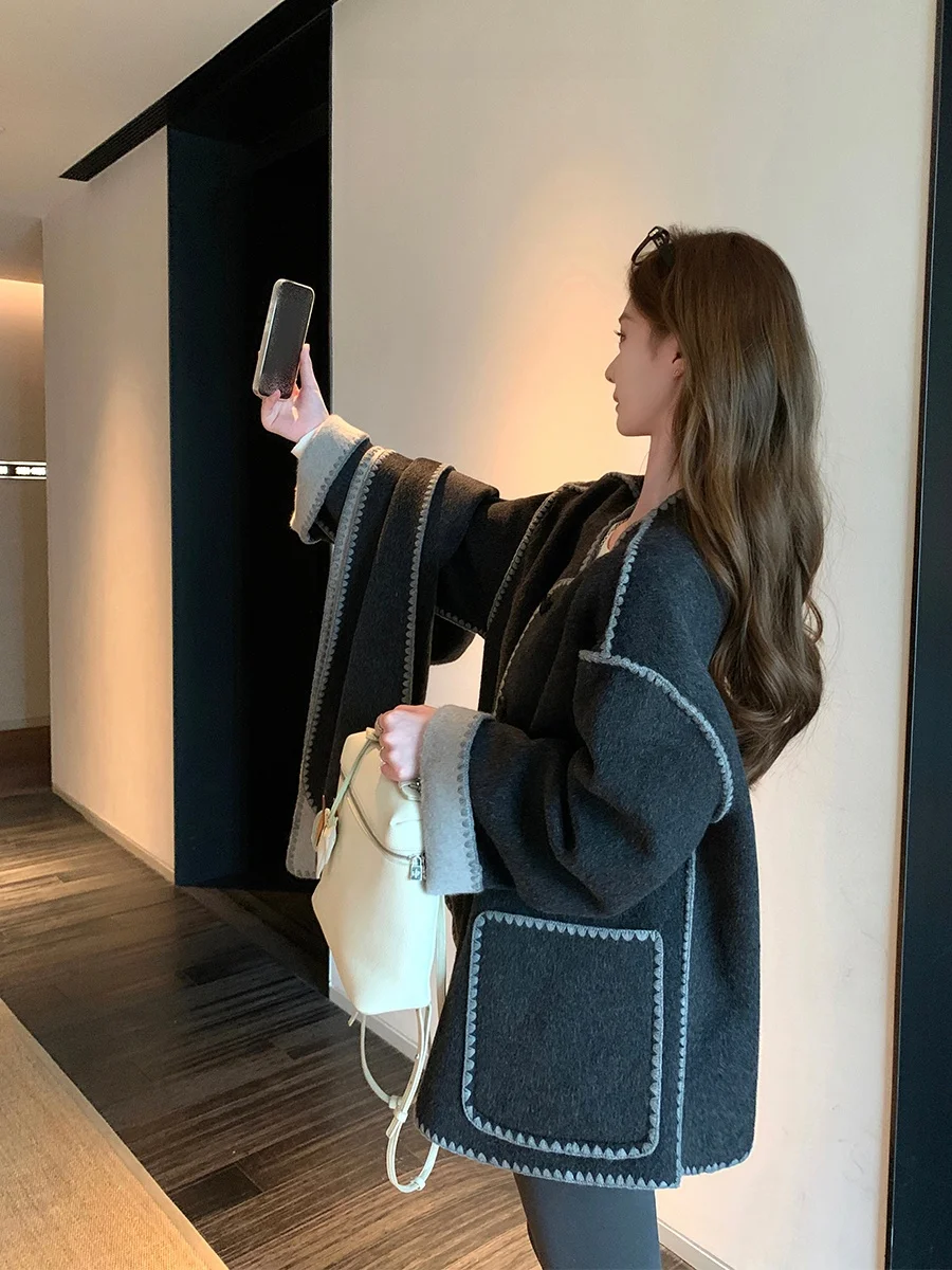 

Двустороннее шерстяное пальто MUKOK: модное, с вышивкой, круглым вырезом, приталенное, из твида, для молодых женщин, с длинными рукавами