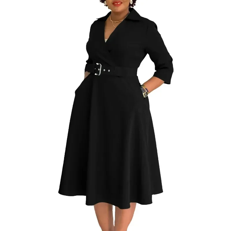 Elegant Church Women A-line Pleated 3/4 Sleeves V-neck Workwear Modest Office Ladies African Female 2025 Autumn