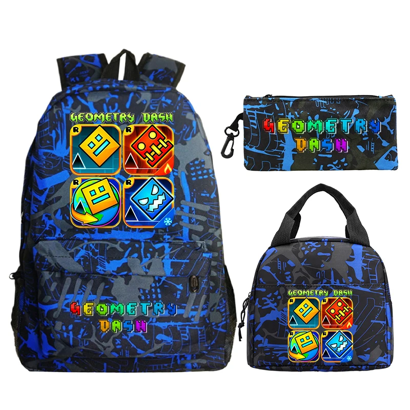 

Новый детский рюкзак Geometry Dash, 3 шт., школьные сумки большой емкости для студентов с сумками для обеда, повседневный дорожный рюкзак Mochila