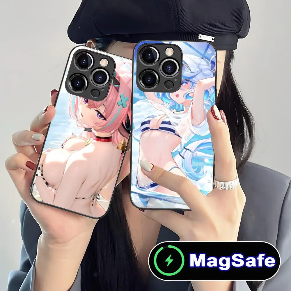 حافظة هاتف محمول Genshin Impact Ecchi لهاتف iPhone 16 15 14 13 12 11 Pro Max Plus Mini MagSafe غطاء حماية بلون زجاجي