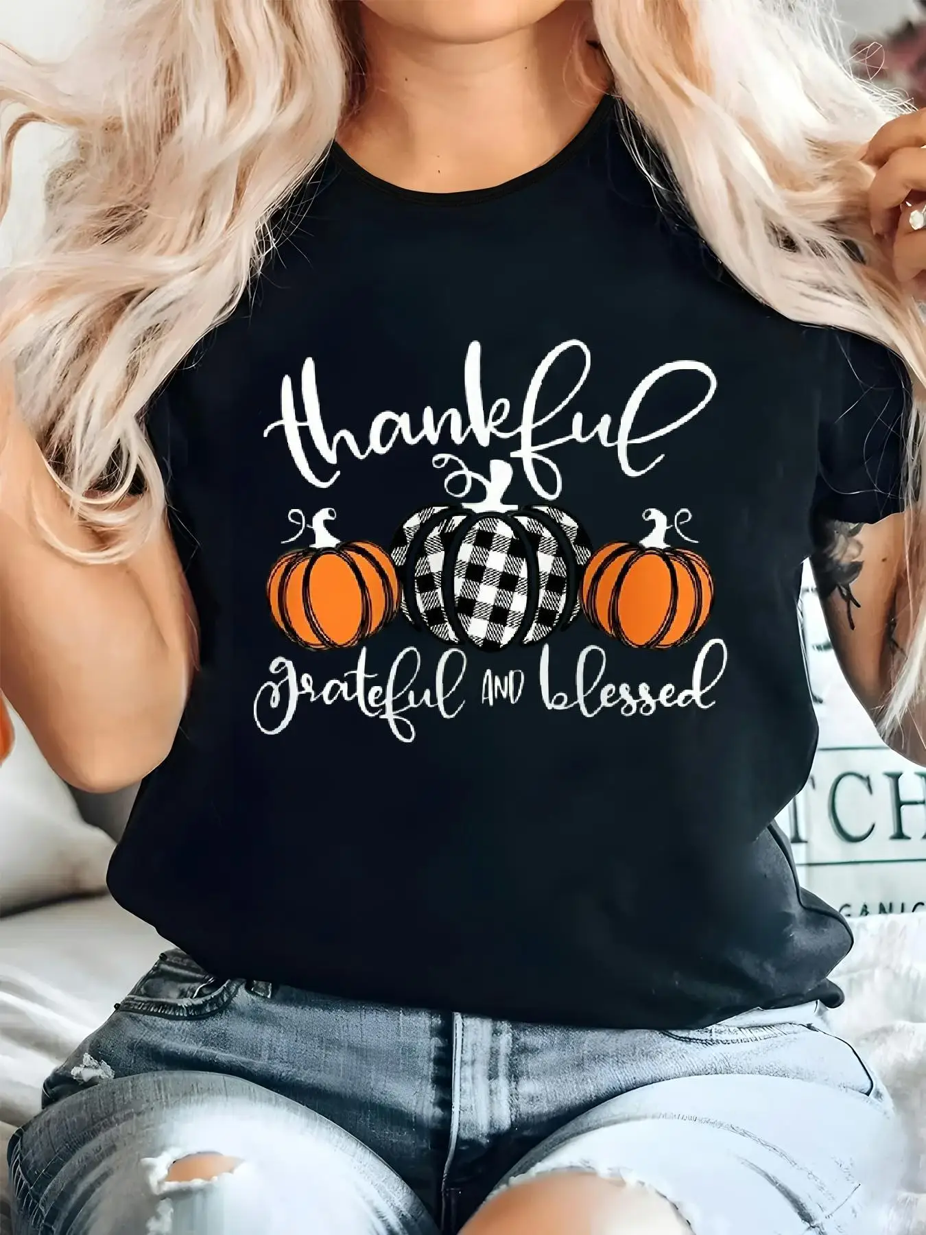 ไซส์ใหญ่ เสื้อยืดโอเวอร์ไซส์ไซส์ใหญ่สำหรับผู้หญิง - เสื้อยืดลายฟักทองวันขอบคุณพระเจ้า, ข้อความศักดิ์สิทธิ์วันขอบคุณพระเจ้า