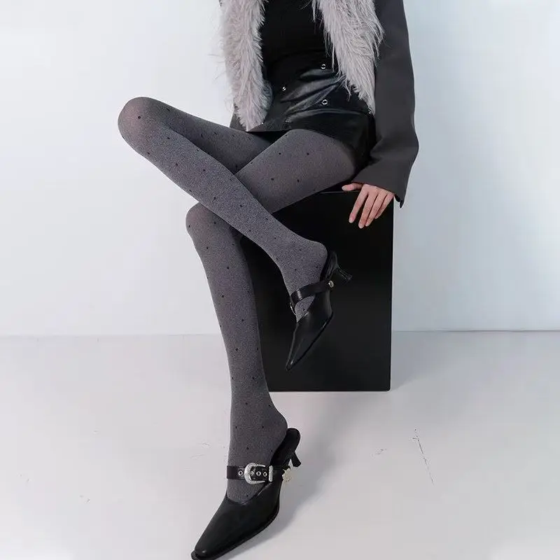 Grey Heart Velvet Stockings Women's Spring Autumn Thin Style Inner Wear Polka Dot Embroidery Slimming Pantyhose Leggings