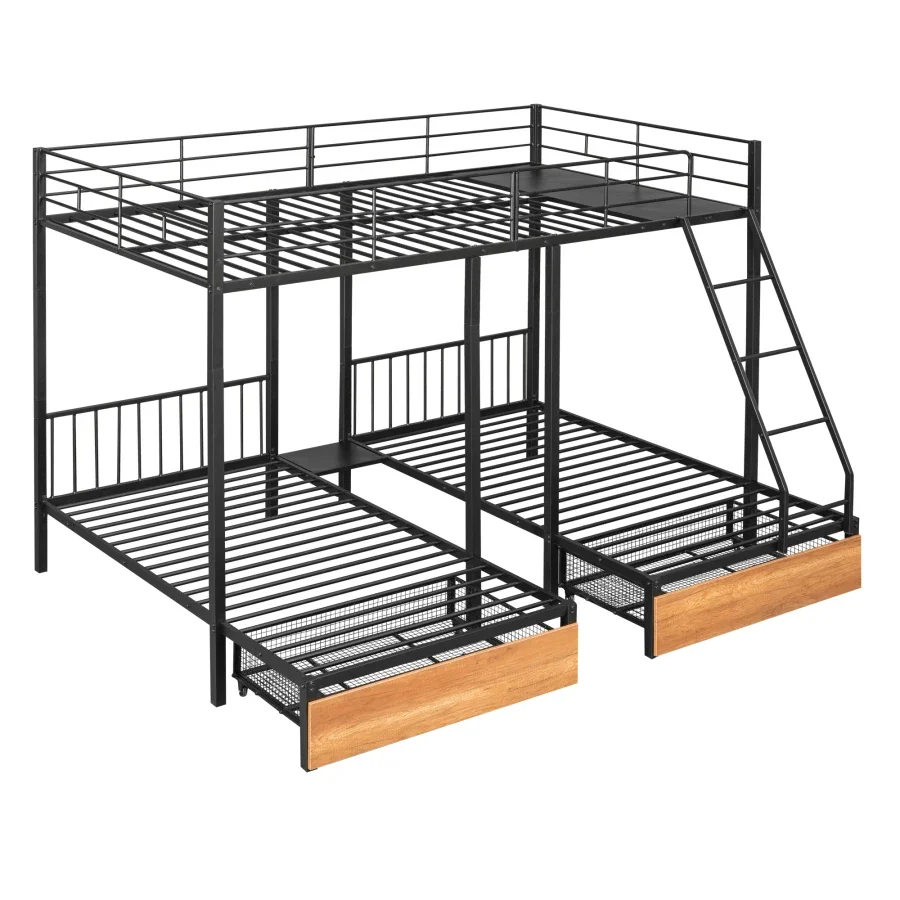 Full Over Twin & Twin Bunk Bed, Metal Triple Bunk Bed with Drawers and Guardrails