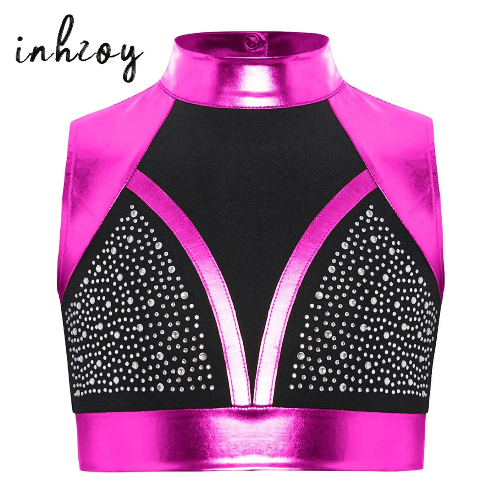

Kids Girls Jazz Disco Dance Top Sleeveless Cutout Back Shiny Rhinestones Color Block Metallic Tank Crop Top Cheerleading Uniform