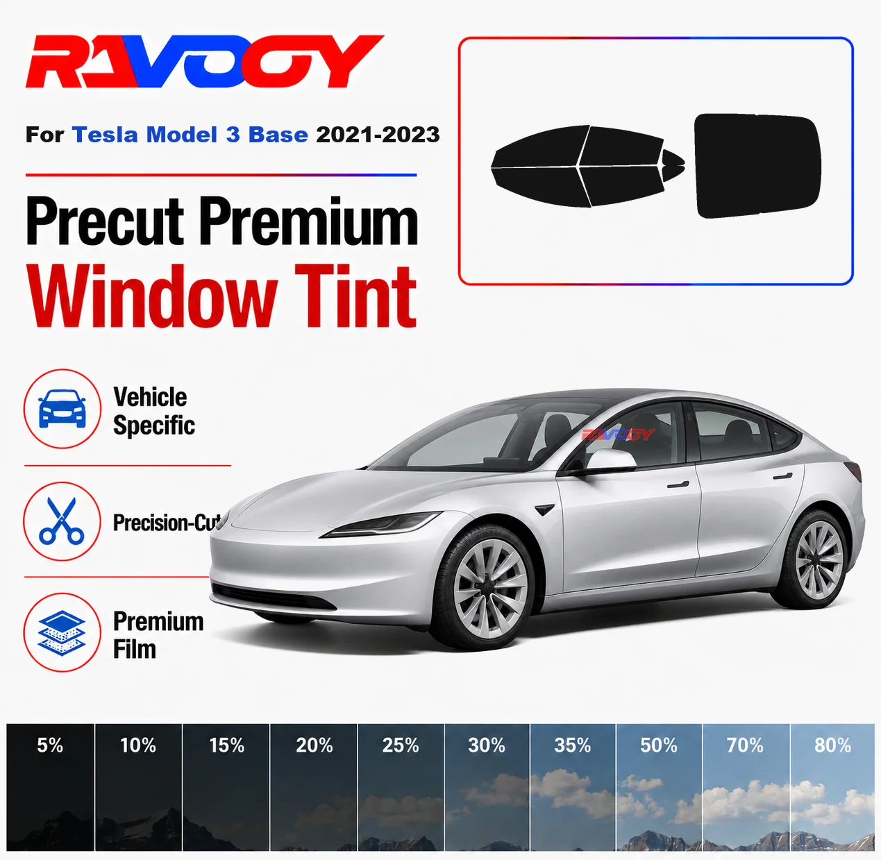 

Premium Precut Window Tint Kit Front Rear Windows Rear Windshield For Tesla Model 3 Base 2021-2023 Car Solar Nano Ceramic Film