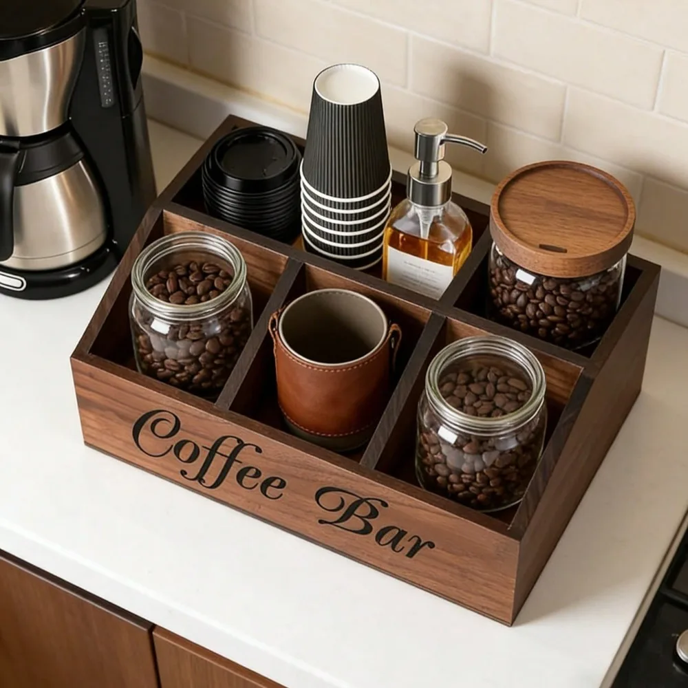 Wood Coffee Bar Organizer Multi Compartment Wooden Coffee Pod Storage Box for Coffee Capsule Paper Cup Spoon Syrup Coffee Shelf