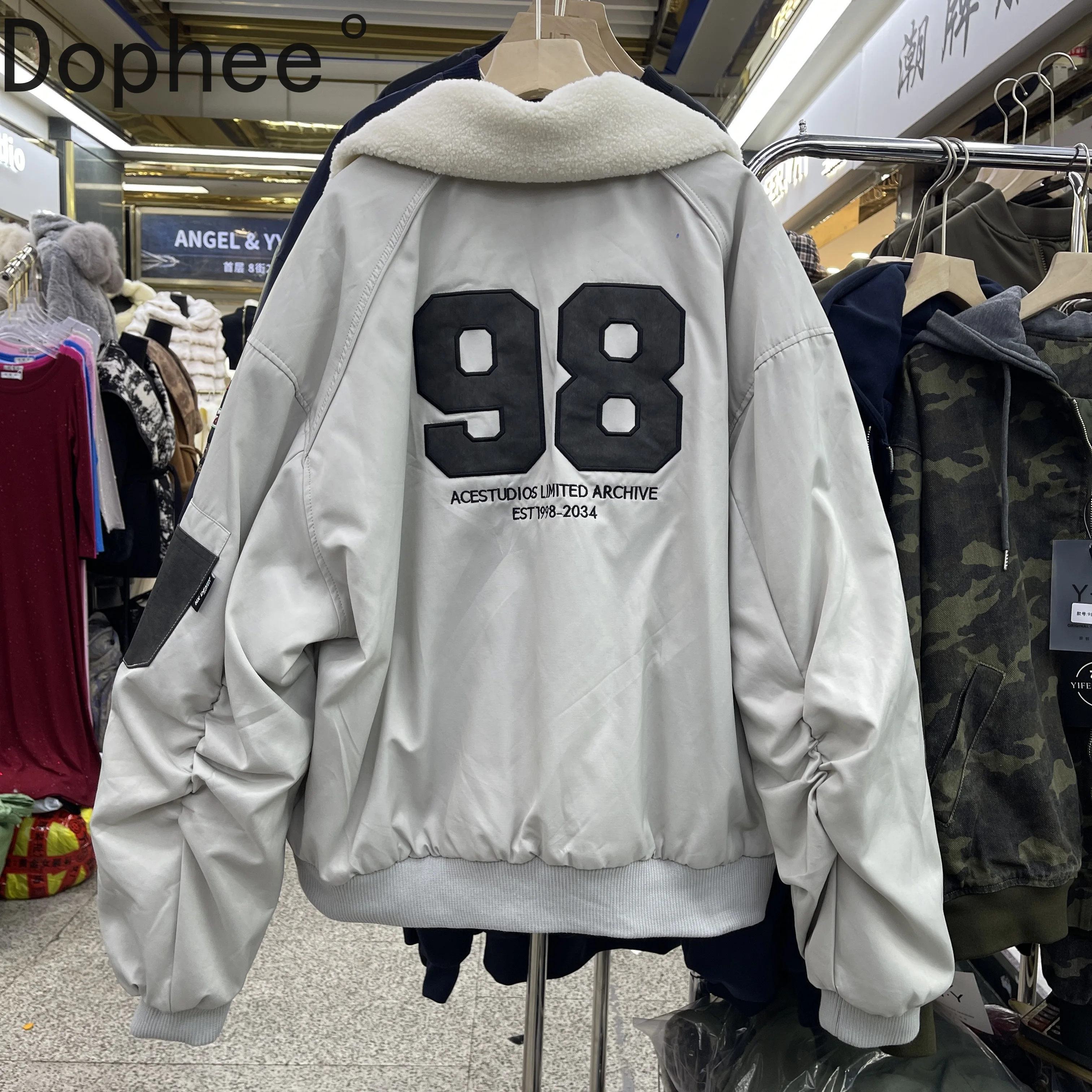 

American Street Vintage Lamb Wool Turn-down Collar Zip Cardigans Top Quilted Coat Thicken Embroidery Long Sleeve Wadded Jackets