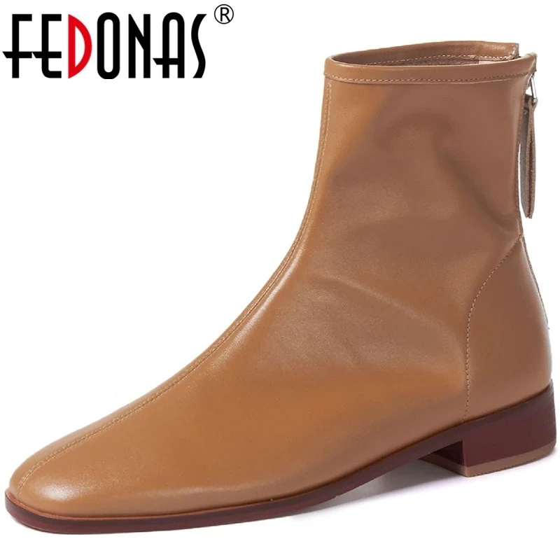 FEDONAS Elegant Concise Back Zipper Women Warm Boots Genuine Leather Round Toe Thick Heels Pumps Wedding Office Lady Shoes Woman