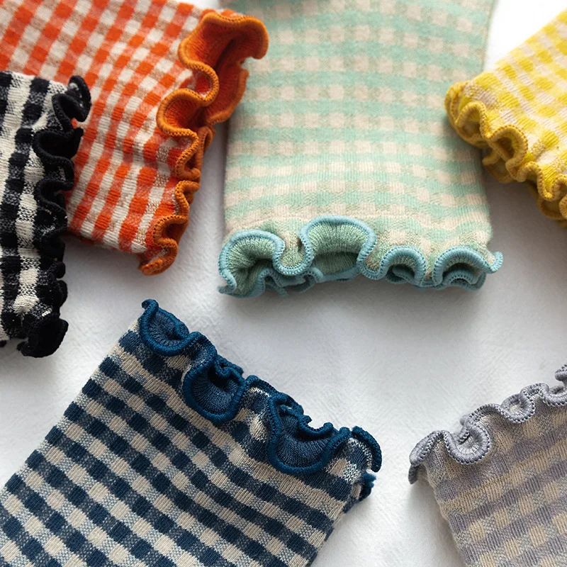 Korean Retro Plaid Lace Mid-tube Socks Girl Fungus Edge Color Lolita Cotton Socks Cute Socks Socks Woman