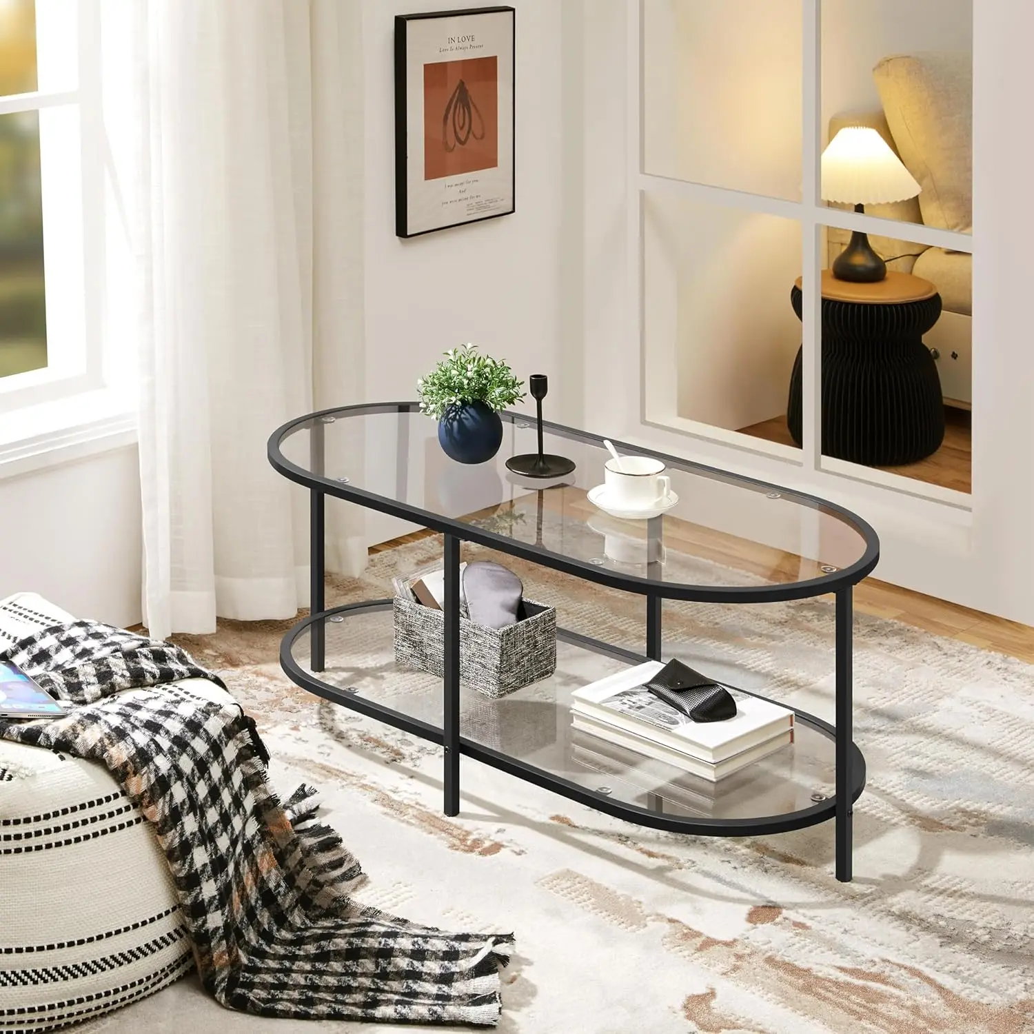 

Glass Coee Table, Black Small Center Table with Storage Shel or Living Room Small Space, Aparent