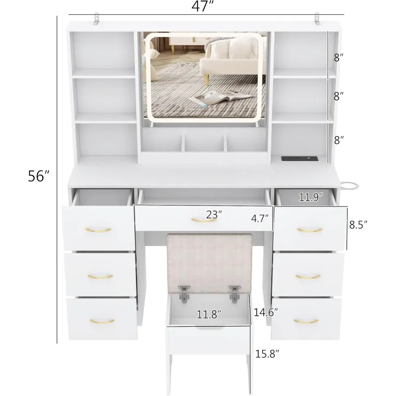 Meja rias besar 47 inci dengan 7 Laci, bangku bantal, Outlet,6 rak, Set meja rias putih 3 mode pencahayaan kecerahan