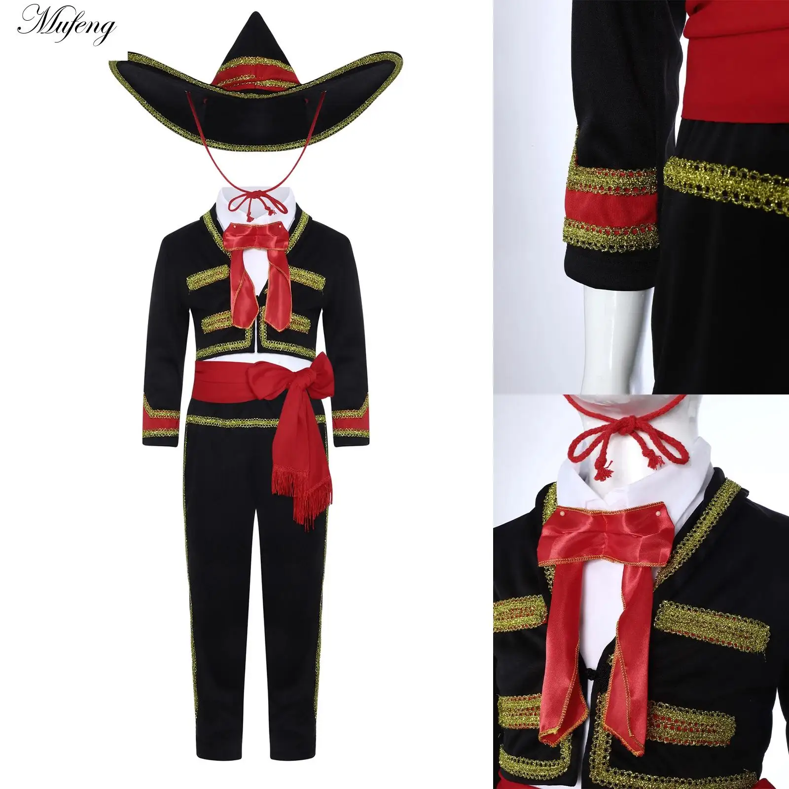

Черный мексиканский костюм на Хэллоуин для мальчиков и девочек, детский костюм для маскарада Мариичи, комплект костюмов для выступления на сцене