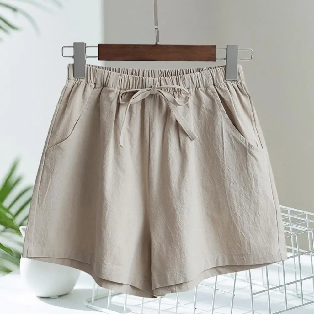 Women Drawstring Casual Short Pants High Waist Solid Color Pockets Thin Linen Wide Leg Women Casual Shorts Outdoor Streetwear