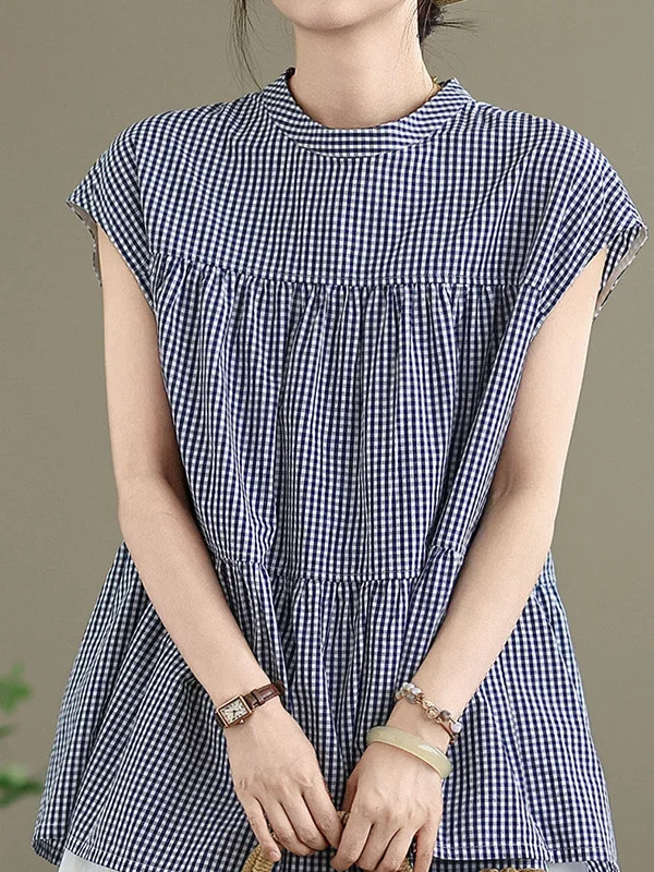 ผ้าฝ้ายแท้ลายสก๊อตสีฟ้าและสีขาวสำหรับผู้หญิงฤดูร้อนบางสบายๆหลวมรอบ Ne Top สบายระบายอากาศได้ดีหรือ Sve