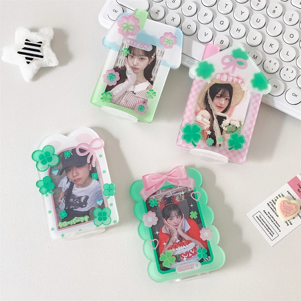 Clover Photocard Holder Colorful Korean Acrylic 3inch Kpop Idol Photo Card Collector Photo Frame Card Protective Desk Decoration