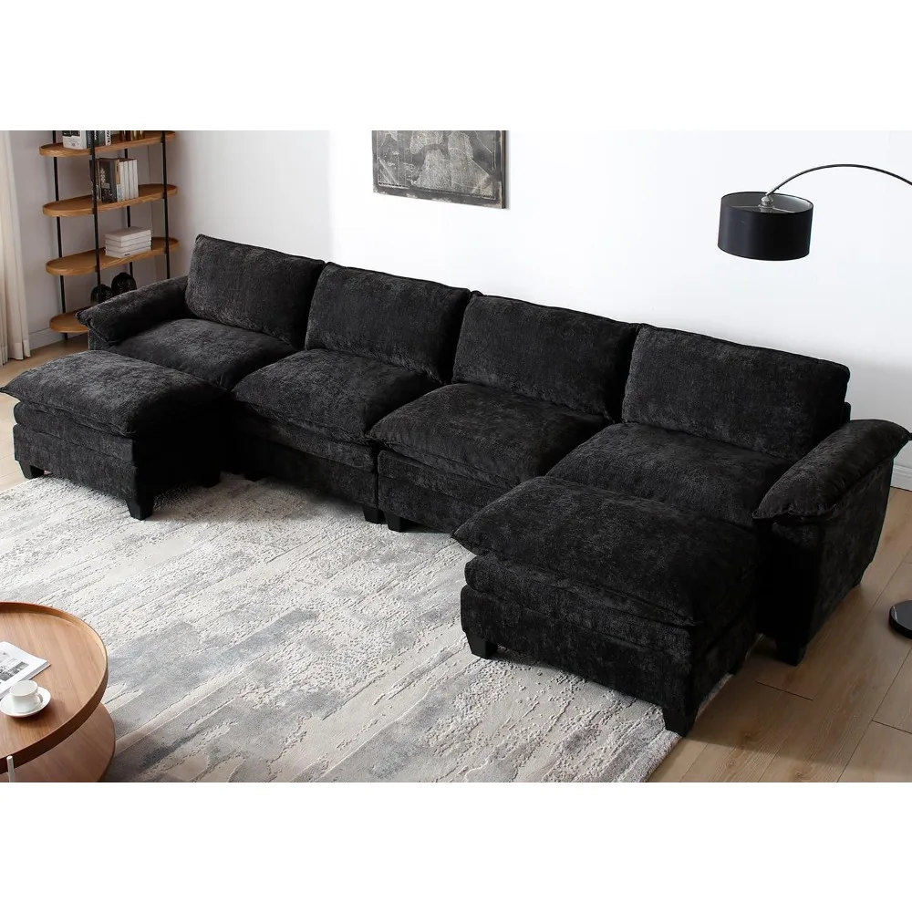 

Modular sectional sofa, U-shaped 4-seater with 2 ottomans, 157" wide, deep seat, chenille fabric, modern style for living room.