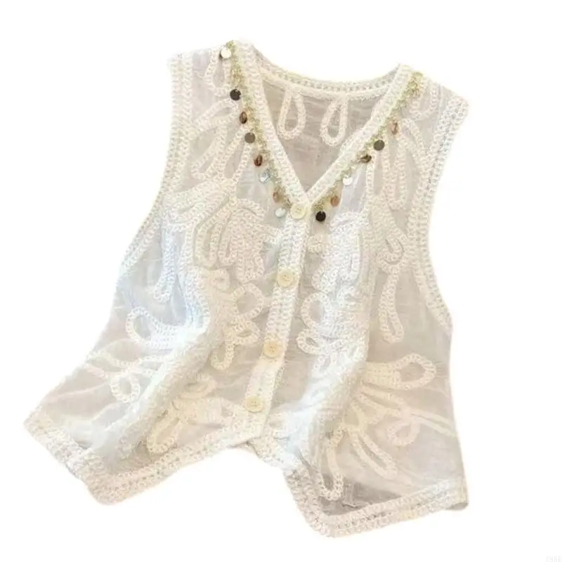 

195E Summer V Neck Button Front Cardigan Vest Crochet Flower Sleeveless Crop Top