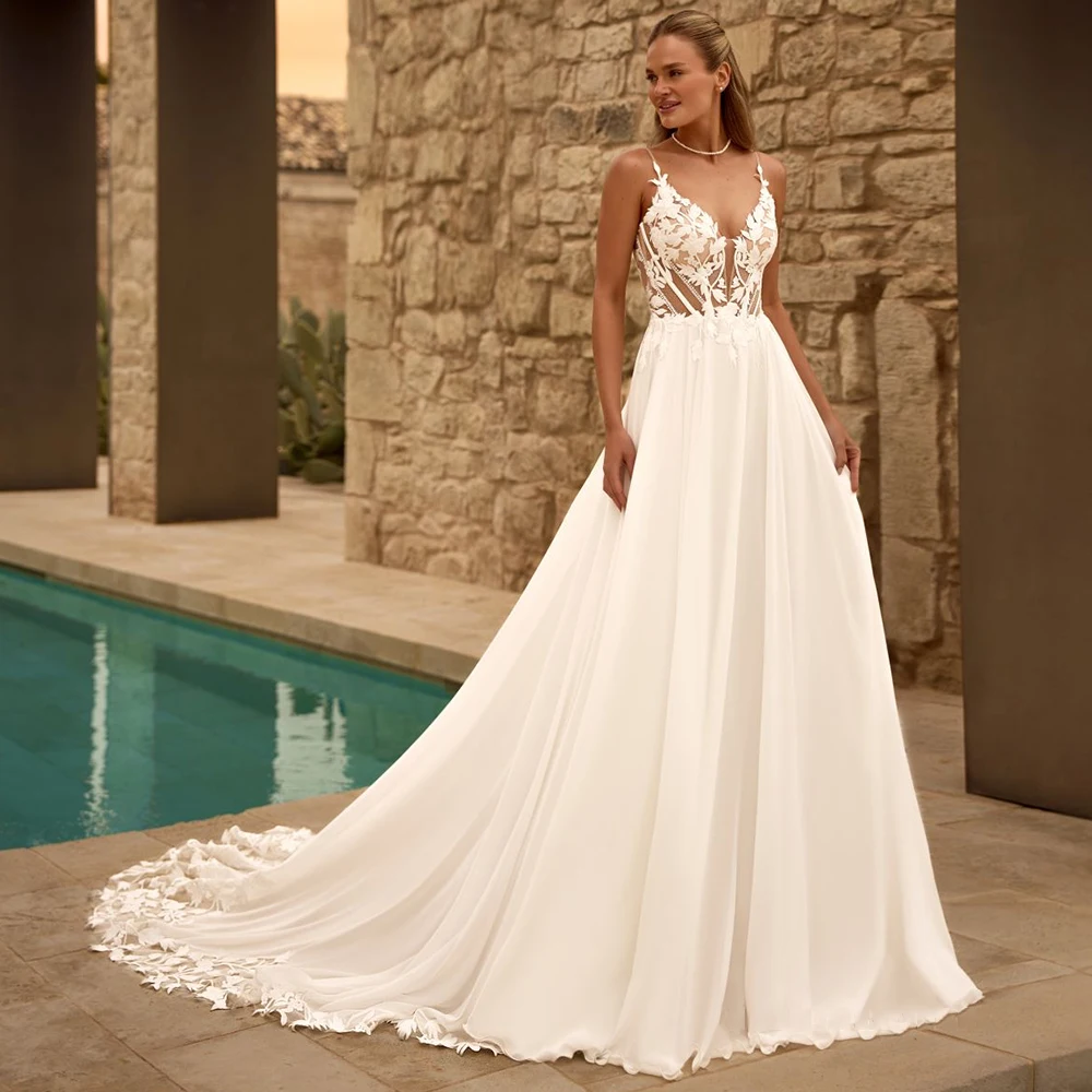 

Classic Chiffon A-Line Sleeveless Wedding Dress Bridal V-Neck Spaghetti Straps Backless Appliques Lace Bridal Gown Customized