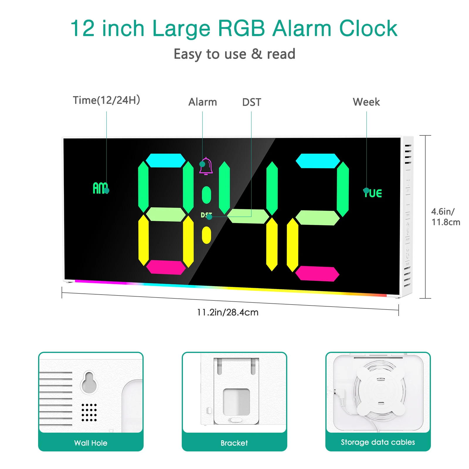 ORIA Digital Wall Clock 12" Large Display RGB Colorful Alarm Clock with Remote Control for Living Room, Gym view 2