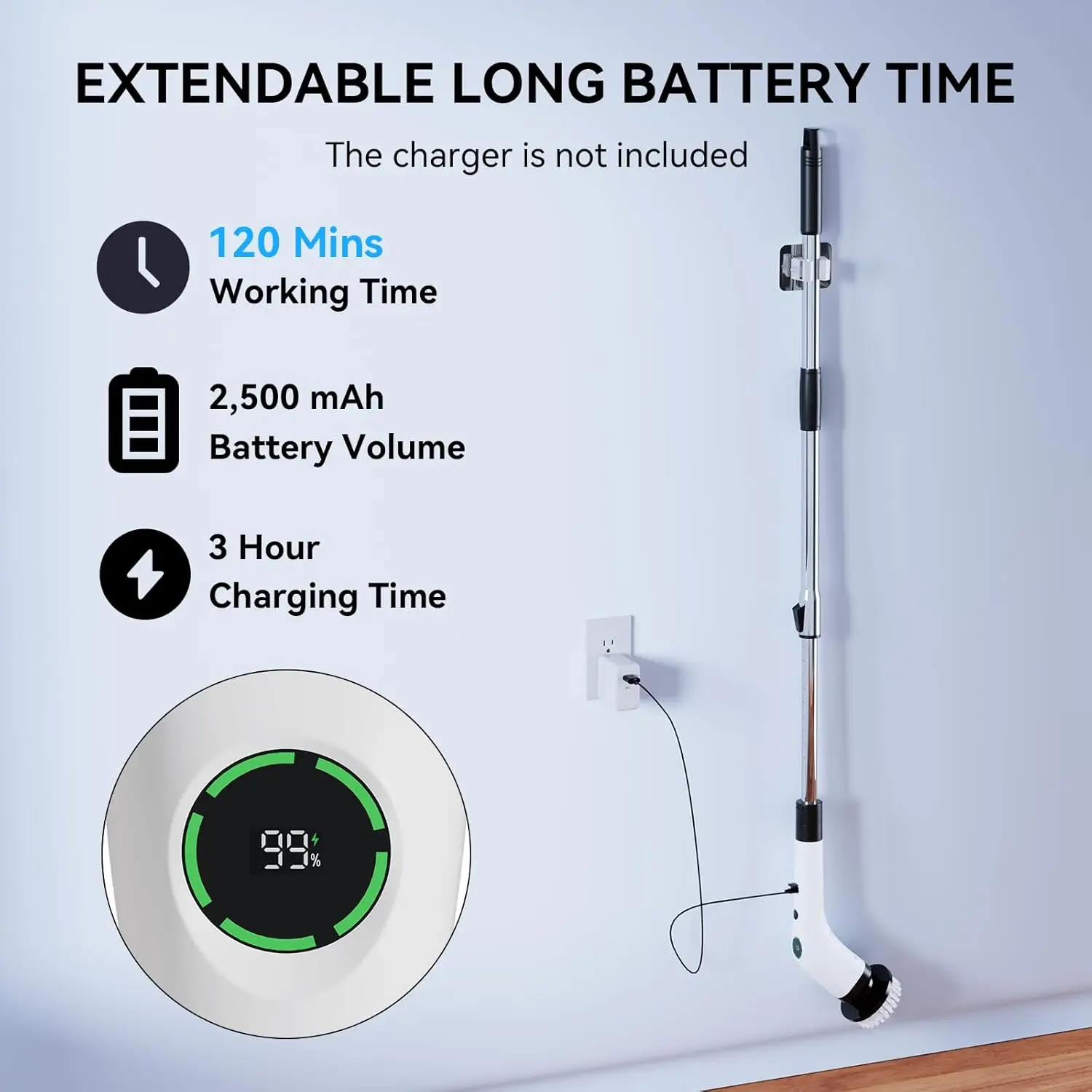 Limpador de banheiro elétrico, purificador giratório sem fio, IPX7 à prova d'água, alça ajustável, 8 cabeças para banheira, cozinha, janelas