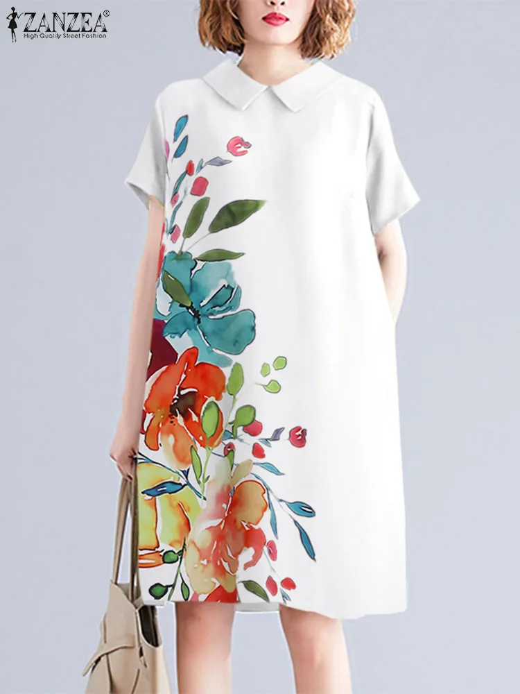 

Oversized ZANZEA Women Vintage Printed Dress Summer Knee Length Vestidos Loose Fashion Casual Baggy Sundress Party Robe Femme