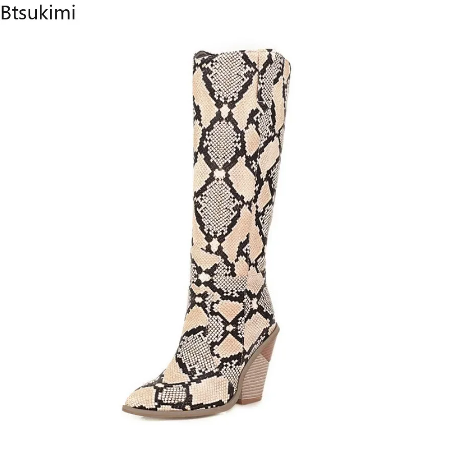 New2024 Women\'s Knee-High Boots Snake Print Strange Heel Females Shoes Pointed Toe Sexy Catwalk Boots for Women Large Size Boots